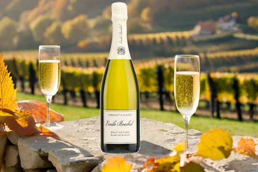 Flasche Schaumwein vor Weinbergen im Herbst