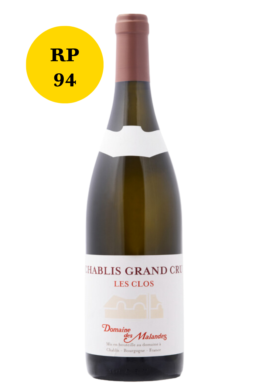 Flasche mit Weißwein Chablis Grand Cru und einem goldenen Sticker mit der Zahl 94