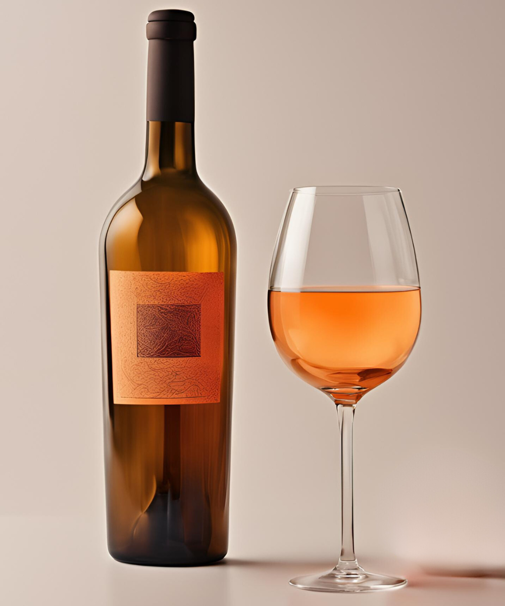 Glas mit Orange Wine und Weinflasche