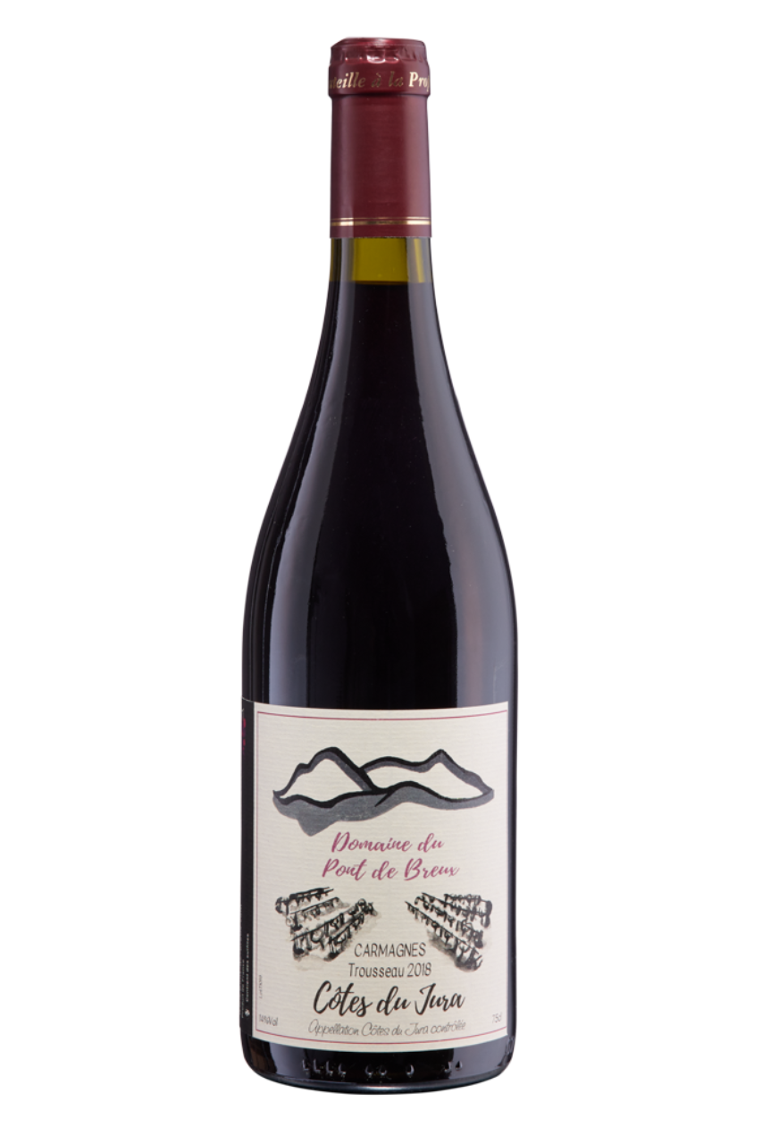 Flasche mit Rotwein der Domaine Pont de Breux von der Côtes du Jura