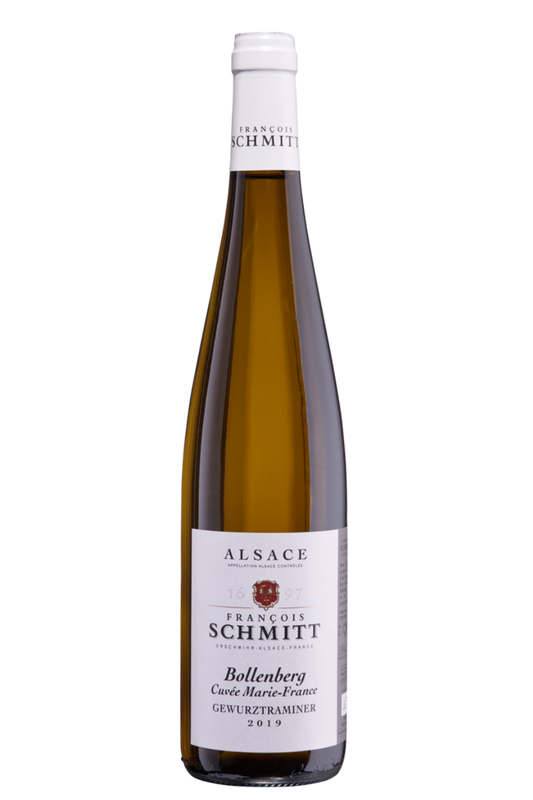 Flasche mit Weißwein, Gewürztraminer Bollenberg von Francois Schmitt aus dem Elsass