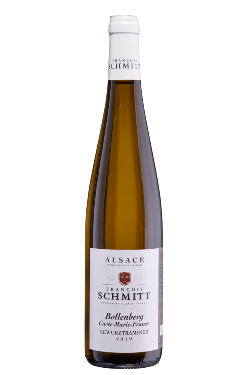 Flasche mit Weißwein, Gewürztraminer Bollenberg von Francois Schmitt aus dem Elsass